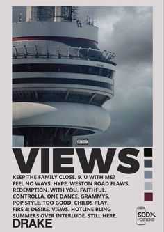 a poster with the words views written in black, white and red on it's side