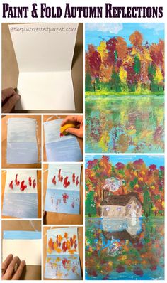 an art project with autumn trees and leaves painted on canvases, including the words paint & fold autumn reflections