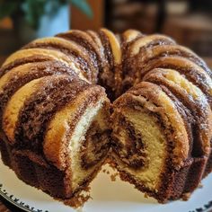 a bundt cake is cut into slices on a plate