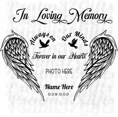 two angel wings with the words in loving memory, and an inscription above them that reads