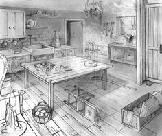 a drawing of a kitchen with lots of clutter on the table and chairs around it