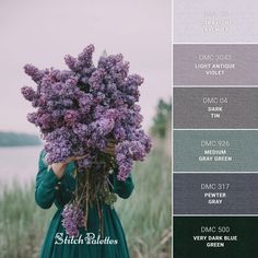 a woman in a green dress holding purple flowers over her face and the color swatches behind her