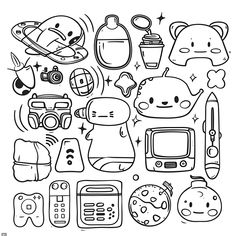 Cute kawaii doodle elements (free printable PDF black-and-white line drawing idea suitable for all, from beginners to advanced learners, including children, teens, adults, and seniors) Free Kawaii Printables, Kawaii Printables, Doodle Elements, Kawaii Doodle