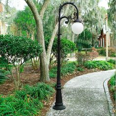 a street light sitting on the side of a road next to a lush green park