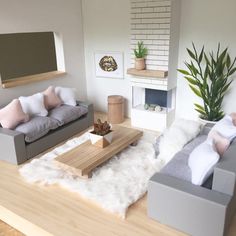 a living room with two couches and a coffee table in the middle of it