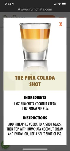 the pina cola shot recipe is shown in this screenshoto screen graber