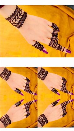 two pictures of hands with henna tattoos and purple nail polishes on their fingers