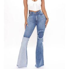 Brand: Fashion Nova New With Tags Size: 9 Color: Medium Blue Wash Material: 98% Cotton, 2% Spandex Style: Psf42 Features: - Flare Leg - High Rise - Colorblock/Patchwork Denim - Zipper Fly Retails For $59.99 Black Wide Leg Jeans, Fashion Nova Plus Size, Cut Out Jeans, Flair Jeans, 70 Fashion, Distressed Mom Jeans, High Waisted Flare Jeans, Flare Denim Jeans, Distressed Denim Jeans