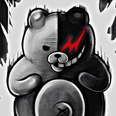 a black and white drawing of a teddy bear with red paint on it's face