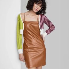 Brand New With Tags. Just Bought From A Fellow Poshmarker And It Just Didn’t Fit. Reselling! Brown Faux Leather Dress, Linen Slip Dress, Satin Bodycon Dress, Velvet Bodycon Dress, 90s Looks, Denim Overall Dress, Leather Mini Dress, Faux Leather Dress, Mini Tank Dress