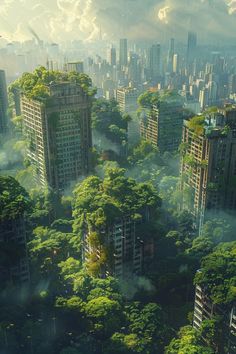 the city is surrounded by tall buildings and lush green trees on both sides of it