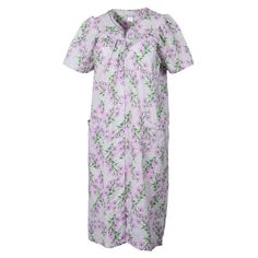 Elegant Emily women's cotton blend snap-front dusters are the comfortable house dresses you've been looking for. Made of 55% cotton and 45% polyester blend, this machine washable women's house dress is lightweight and ideal for a relaxing day in. Featuring two large front pockets to hold all of your essentials, and a delicate snap front closure, this dress is a breeze to slip on and off without pulling it over your head. Wear around the house with your favorite pair of slippers for those lazy mo Lavender Cotton Sleepwear For Spring, Purple Spring Sleepwear For Home, Spring Purple Home Sleepwear, Comfortable V-neck Nightgown For Spring, Pink Floral Print Nightgown For Home, Spring V-neck Nightgown For Relaxation, Comfortable Full-length Cotton Sleepwear, Comfortable House, House Dresses