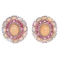 18K Rose Gold Ethiopian Opal: 10.71ct total weight. Pink Sapphire: 4.37ct total weight. Diamonds: 0.87ct total weight. All diamonds are G-H/SI stones. Sapphire And Diamond Earrings, Gold Clips, Jewel Box, Sapphire Diamond, Pink Sapphire, 18k Rose Gold, Ethiopian Opal, Post Earrings, Or Rose