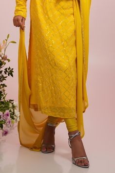 Yellow long churidar sleeves A-line kurta with all over jaal embroidery using cutdana and sequin highlights. Paired with a legging and an embroidered border dupatta. - Aza Fashions Yellow Art Silk Churidar For Transitional Season, Yellow Georgette Kurta For Transitional Season, Georgette Sets With Sheer Dupatta For Puja, Diwali Salwar Kameez With Sheer Dupatta For Puja, Puja Set With Sheer Dupatta In Georgette, Sheer Dupatta Set For Puja And Eid, Sheer Dupatta Sets For Puja And Festivals, Sheer Dupatta Sets For Puja During Eid, Sheer Dupatta Sets For Puja On Eid