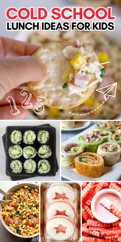 Collage of cold school lunch ideas for kids and teens. Easy To Go Cold Lunch Ideas, Meatless School Lunches For Kids, School Lunch Ideas Gluten Free, Sandwich Free Lunches For Kids, Dairy Free Lunchbox Ideas, Cold Lunch Ideas For Teens At School, Lite Lunch Ideas, Kids Vegan Lunch Ideas, School Cold Lunch Ideas