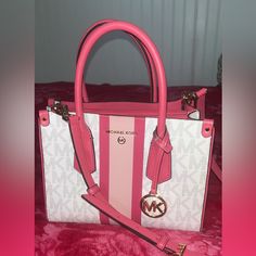 Barly Used Michael Kors Purse Very Cute I Just Don’t Use It Anymore Elegant Pink Shoulder Bag With Logo, Pink Michael Kors Bag, Bags Pink, Michael Kors Purse, Purses Michael Kors, Just Don, Pink And White, Pink White, Michael Kors