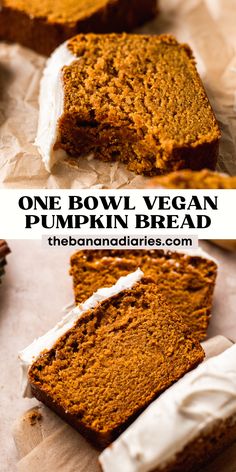 one bowl vegan pumpkin bread with white frosting on top and the other side