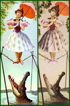 three different pictures of women in dresses and alligators with umbrellas over their heads