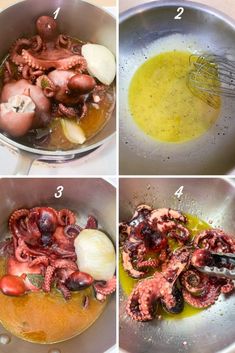 four pictures showing how to cook an octopus in a pot with oil and other ingredients