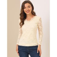 Made of lightweight semi-sheer fabric in a fitting silhouette, this elegant lace blouse from Allegra K is designed with a lace trim and full sleeves, which is an effortless option for weddings, night outings, or parties. A flattering deep V-neckline and long feminine sleeves, show your enchantment better. A scalloped lace trim and lace panel add a romantic feeling to this stretchy blouse, especially for teens, girls, or ladies. Slim fit design, makes you look more elegant. Perfect match mini ski