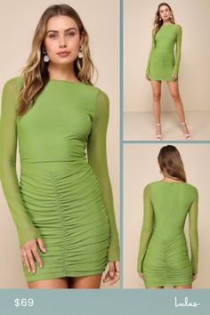 Stop the show and steal the limelight with the help of the Lulus Eye-Catching Favorite Green Mesh Ruched Long Sleeve Mini Dress! This attention-grabbing dress has a stretchy mesh knit composition with a crew neckline and a fitted bodice, framed by sheer long sleeves. Figure-flaunting bodycon skirt boasts flattering ruching throughout before ending at a mini hem. Hidden back zipper/clasp. Fit: This garment fits true to size. Length: Mid-thigh. Size medium measures 32.5" from shoulder to hem. Bust Green Fitted Sheer Mesh Dress, Fitted Green Sheer Mesh Dress, Fitted Sheer Green Mesh Dress, Green Mesh Dress For Spring, Spring Green Mesh Dress, Spring Fitted Nylon Mesh Dress, Fitted Nylon Mesh Dress For Spring, Green Fitted Dress With Ruched Back, Fitted Green Ruched Mini Dress