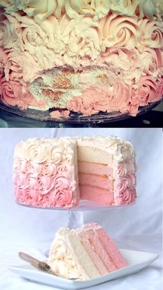 three different types of cake with frosting on top and bottom, one in pink and the other in white