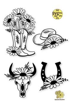 four cowboy hats and flowers with the word cowboys written in black ink on a white background