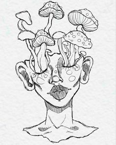 a drawing of a person with mushrooms on their head