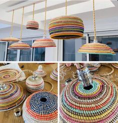 several different pictures of colorful baskets hanging from the ceiling and in front of a window