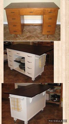 three different views of a desk with drawers