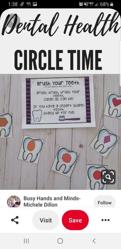 the dental health circle time app is displayed on an iphone screen with text overlay