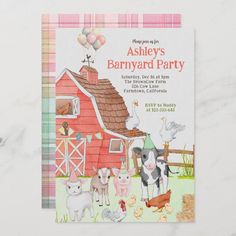 a barnyard party with farm animals and balloons on the roof is featured in this children's birthday card