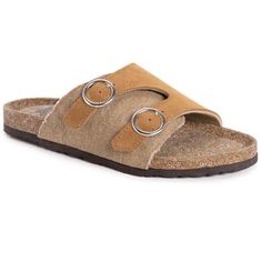 These Comfy Sandals Will Be Your Favorites! The Top Section With The Straps Is Genuine Suede While The Other Half Is A Woven Fabric. The 2 Round Silver Tone Buckles Are Functional So You Can Customize The Fit. The Innersole Is Foam And Has A Patterned Vegan Lining. Great With Everything From Jeans To Maxis! Casual Beige Slippers With Leather Footbed, Beige Slip-on Sandals With Textured Footbed, Casual Flat Slippers With Buckle Closure, Brown Summer Slippers With Cork-bed Midsoles, Vacation Slippers With Textured Footbed In Brown, Brown Open Toe Flip Flops With Cork-bed Midsoles, Vacation Brown Slippers With Textured Footbed, Comfortable Beige Open Toe Footbed Sandals, Brown Synthetic Flat Footbed Sandals