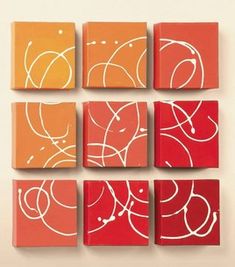 six red and orange paintings with white swirls on each one square, all painted in different colors