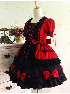 Gothic Long Sleeves Red And Black Lace Cotton Lolita Dress Gothic Palace, Royal Prom, Trumpet Sleeve Dress, Op Dress, Classic Lolita, Princess Cosplay, Puff Dress, Gothic Dress, Sweet Lolita