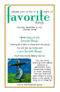 the flyer for favorite things featuring a woman with her arms spread out, and an image of