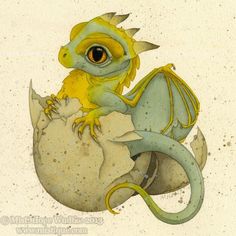 a drawing of a yellow and gray dragon sitting on top of an egg with its tail curled up