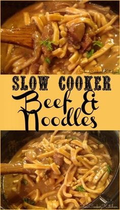 two pictures showing how to make crock pot beef and noodles