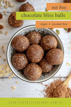 chocolate bliss balls in a bowl with nuts scattered around it and text overlay that reads, nut free chocolate bliss balls vegan + coconut free