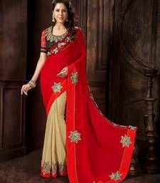 Buy Red And Beige Emboidered Georgette Half n Half Designer BollyWood Saree With Blouse bollywood-saree online Party Sarees, Pakistani Bridal Dresses, Saree Models, Designer Wedding Gowns, Saree Shopping, Wear Saree, Pakistani Bridal