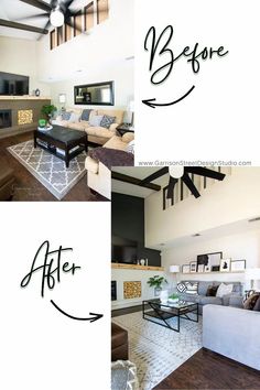 before and after photos of a living room with white walls, dark wood flooring and ceiling fan