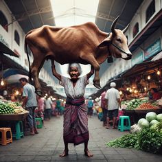 an old woman is carrying a cow on her head in the middle of a market