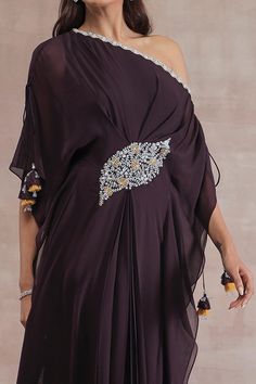 Buy Seema Thukral Purple One Shoulder Pleated Kaftan Online | Aza Fashions Tassel Sleeves, Embroidery Organza, Kaftan For Women, Patch Work, Floral Motifs, Flowy Dress, Purple Floral, Flared Sleeves, Aza Fashion