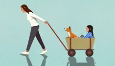 a woman pulling a dog in a wagon while another person walks behind her on a leash