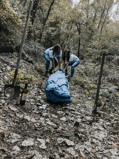 two women are picking up leaves from the ground in the woods while another woman looks on