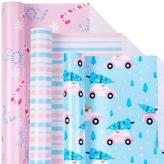 pink and blue wrapping paper with cars on them