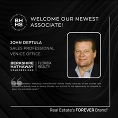 a black and white business card with the words welcome our newest associate, john deplula sales professional venice office