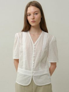 Composition : 100% Cotton Country of Origin : Republic of Korea Embroidered Patterns, Feminine Blouses, Fits Inspo, Button Blouse, Lace Button, Shell Buttons, Blouse White, Feminine Outfit, Lace Patterns