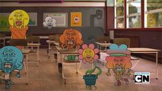 cartoon characters sitting at desks in a classroom