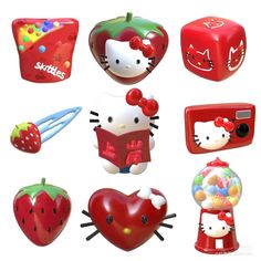 the hello kitty toys are all in different shapes and sizes, including apples, strawberrys, gummy bears, candy